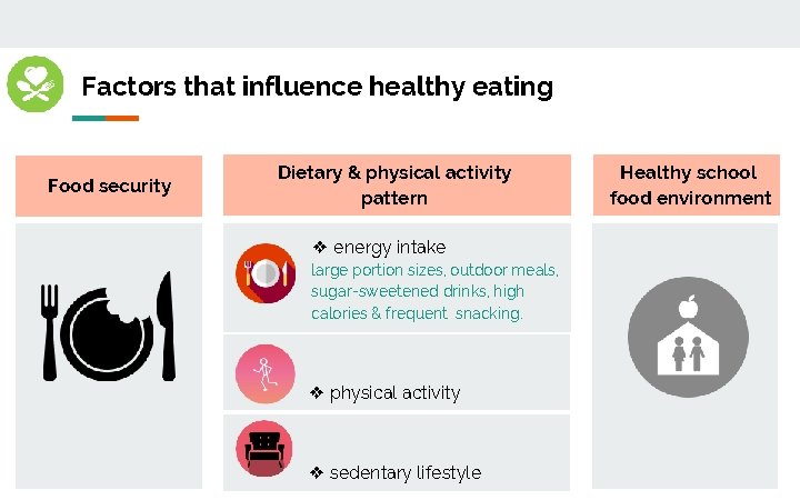 Factors that influence healthy eating Food security Dietary & physical activity pattern ❖ energy