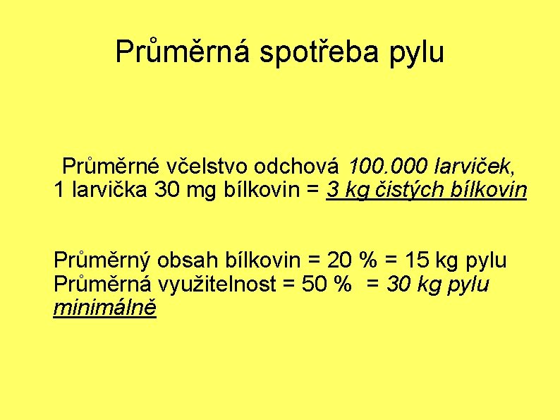 Průměrná spotřeba pylu Průměrné včelstvo odchová 100. 000 larviček, 1 larvička 30 mg bílkovin