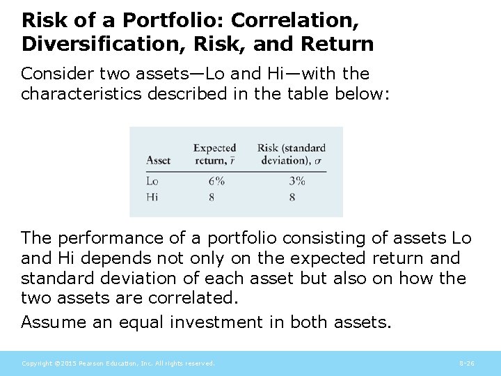 Risk of a Portfolio: Correlation, Diversification, Risk, and Return Consider two assets—Lo and Hi—with