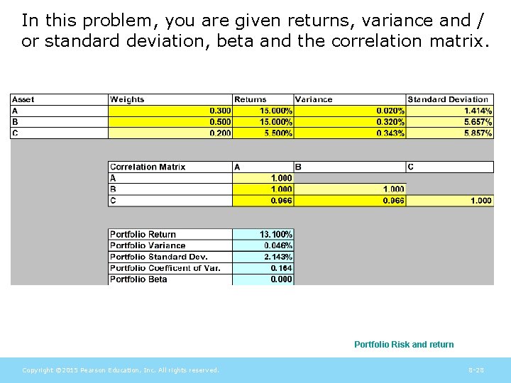 In this problem, you are given returns, variance and / or standard deviation, beta