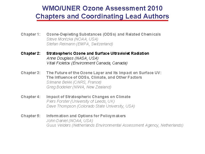 WMO/UNER Ozone Assessment 2010 Chapters and Coordinating Lead Authors Chapter 1: Ozone-Depleting Substances (ODSs)