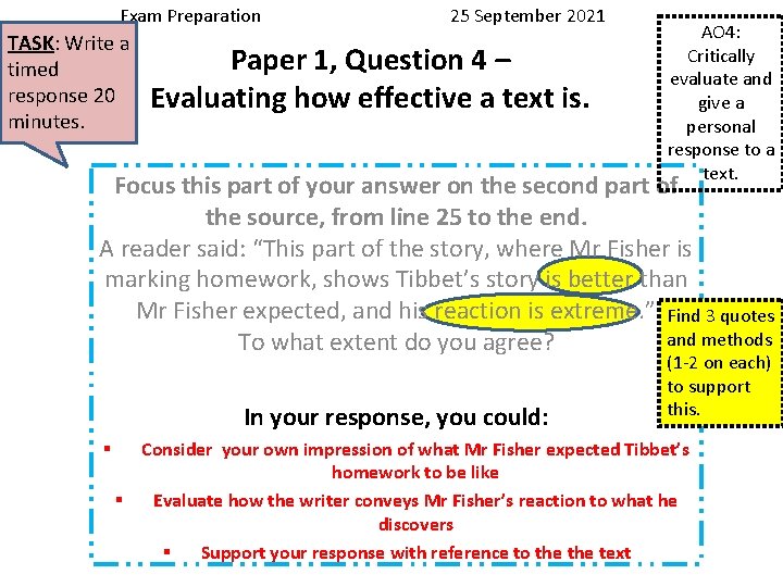 Exam Preparation TASK: Write a timed response 20 minutes. 25 September 2021 Paper 1,