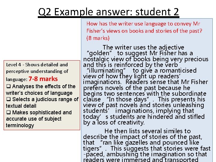 Q 2 Example answer: student 2 How has the writer use language to convey