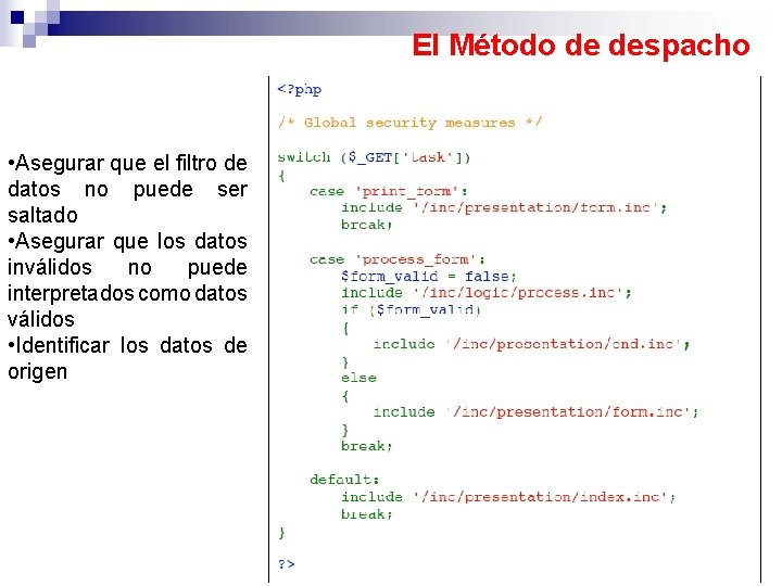 El Método de despacho • Asegurar que el filtro de datos no puede ser