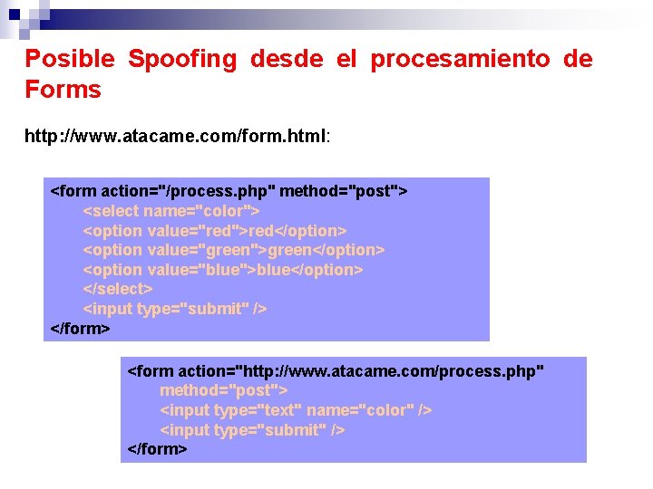 Posible Spoofing desde el procesamiento de Forms http: //www. atacame. com/form. html: <form action="/process.