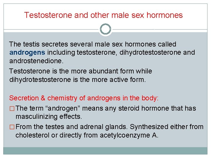 Testosterone and other male sex hormones The testis secretes several male sex hormones called