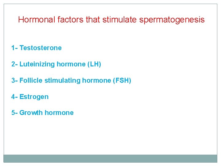 Hormonal factors that stimulate spermatogenesis 1 - Testosterone 2 - Luteinizing hormone (LH) 3