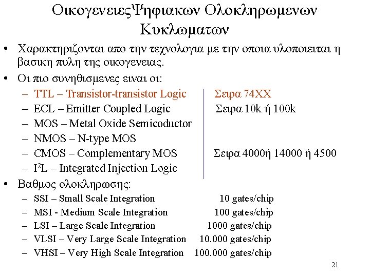 ΟικογενειεςΨηφιακων Ολοκληρωμενων Κυκλωματων • Χαρακτηριζονται απο την τεχνολογια με την οποια υλοποιειται η βασικη