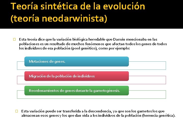 Teoría sintética de la evolución (teoría neodarwinista) � Esta teoría dice que la variación