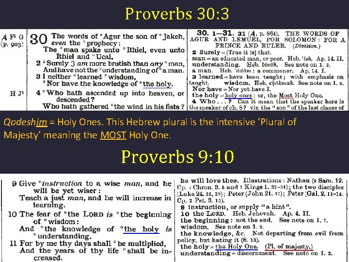 Proverbs 30: 3 Qodeshim = Holy Ones. This Hebrew plural is the intensive ‘Plural