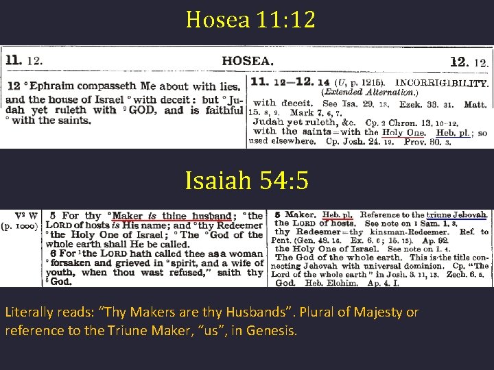 Hosea 11: 12 Isaiah 54: 5 Literally reads: “Thy Makers are thy Husbands”. Plural