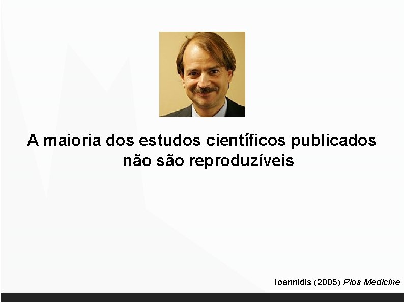 A maioria dos estudos científicos publicados não são reproduzíveis Ioannidis (2005) Plos Medicine 