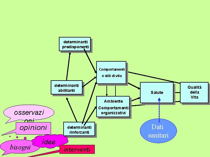 determinanti predisponenti Comportamenti e stili di vita determinanti abilitanti Salute Ambiente osservazi oni opinioni