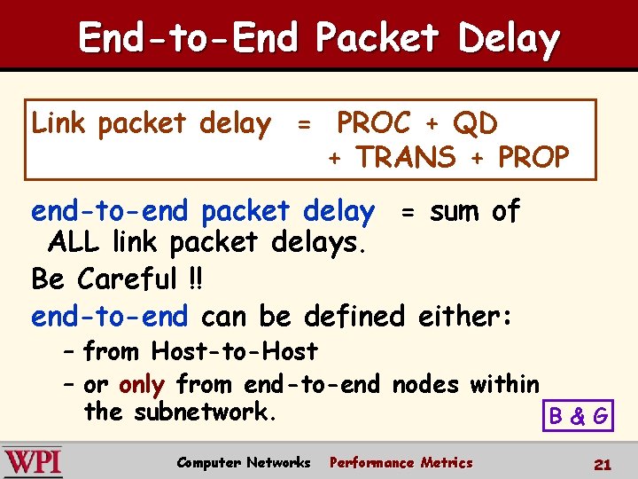 End-to-End Packet Delay Link packet delay = PROC + QD + TRANS + PROP