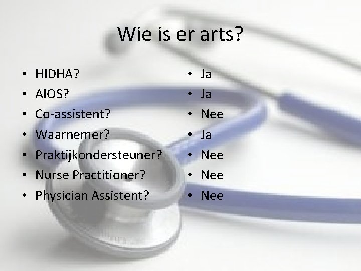 Wie is er arts? • • HIDHA? AIOS? Co-assistent? Waarnemer? Praktijkondersteuner? Nurse Practitioner? Physician