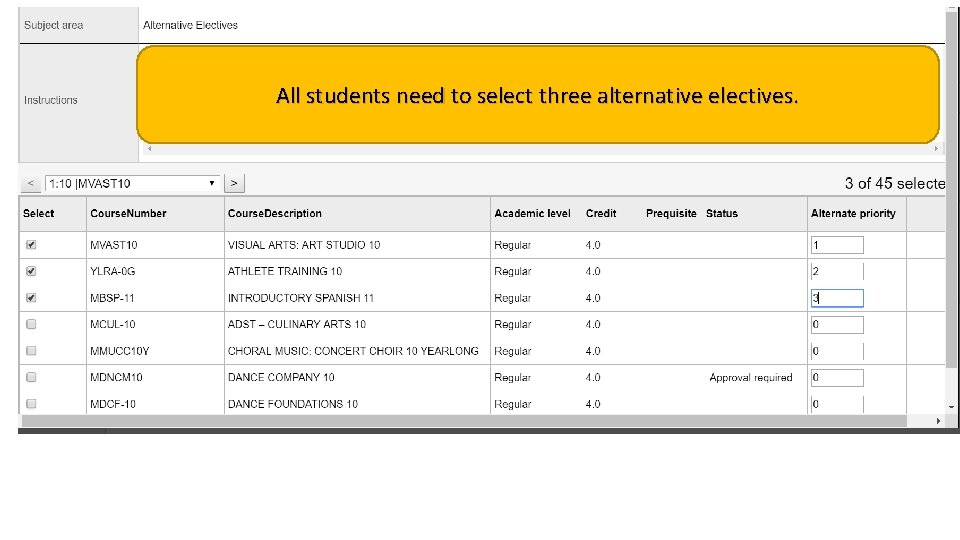 All students need to select three alternative electives. 
