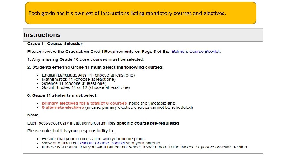 Each grade has it’s own set of instructions listing mandatory courses and electives. 