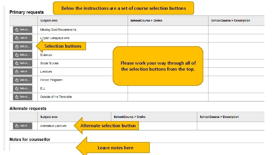 Below the instructions are a set of course selection buttons Selection buttons Please work