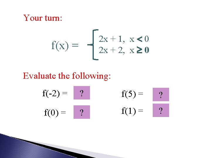 Your turn: f(x) = 2 x + 1, x 0 2 x + 2,