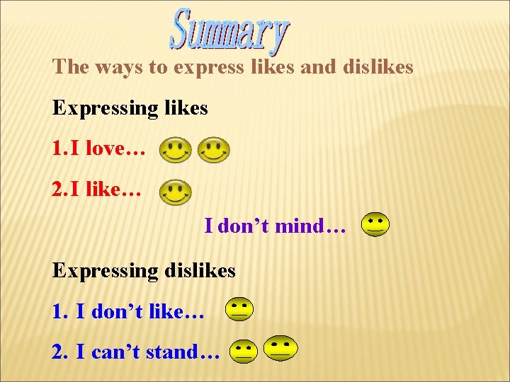 The ways to express likes and dislikes Expressing likes 1. I love… 2. I