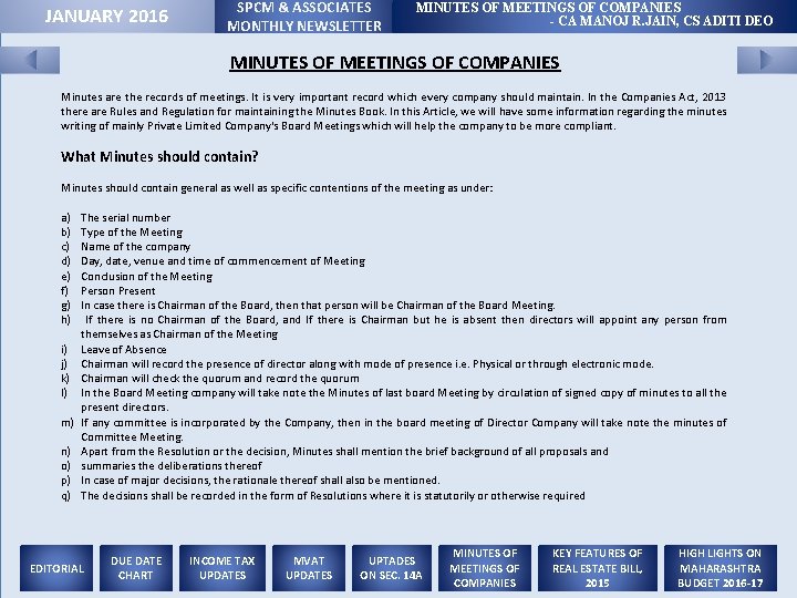 JANUARY 2016 SPCM & ASSOCIATES MONTHLY NEWSLETTER MINUTES OF MEETINGS OF COMPANIES - CA