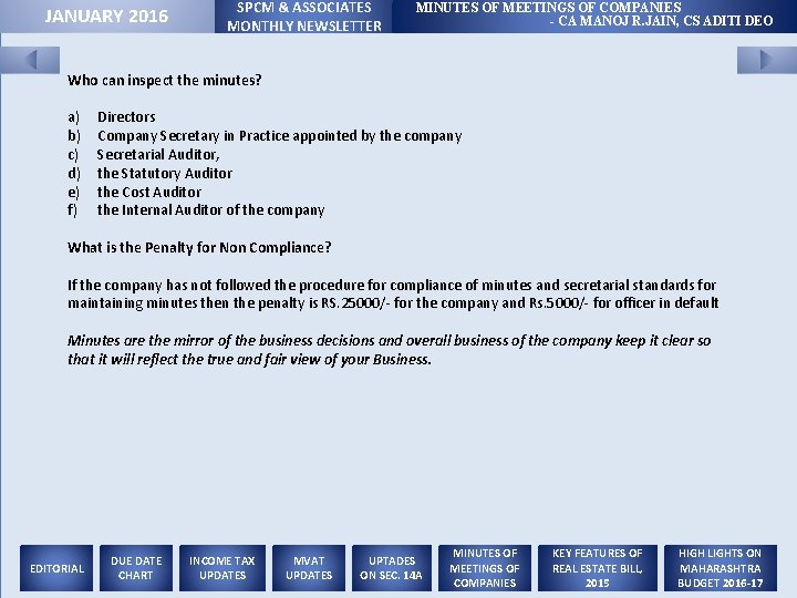 JANUARY 2016 SPCM & ASSOCIATES MONTHLY NEWSLETTER MINUTES OF MEETINGS OF COMPANIES - CA