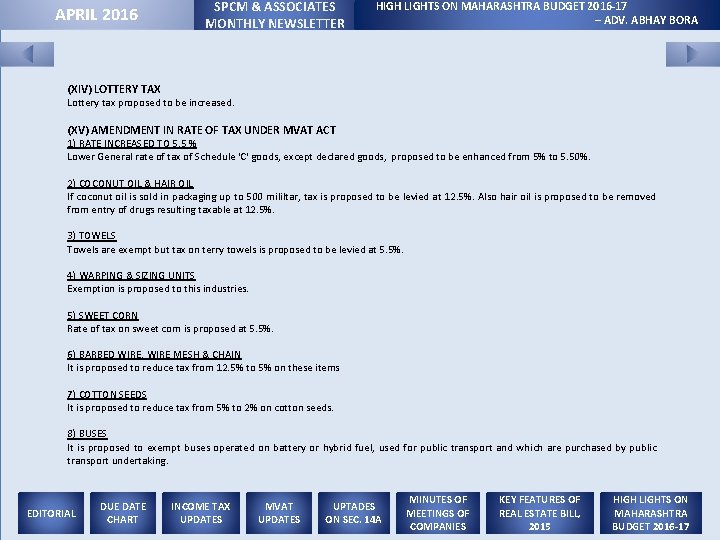 APRIL 2016 SPCM & ASSOCIATES MONTHLY NEWSLETTER HIGH LIGHTS ON MAHARASHTRA BUDGET 2016 -17