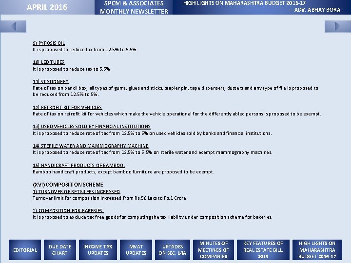 APRIL 2016 SPCM & ASSOCIATES MONTHLY NEWSLETTER HIGH LIGHTS ON MAHARASHTRA BUDGET 2016 -17