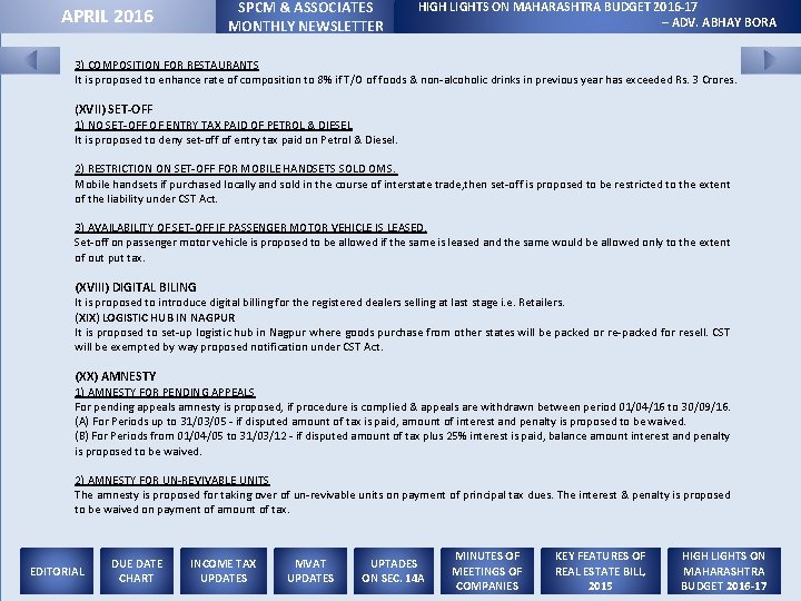 SPCM & ASSOCIATES MONTHLY NEWSLETTER APRIL 2016 HIGH LIGHTS ON MAHARASHTRA BUDGET 2016 -17