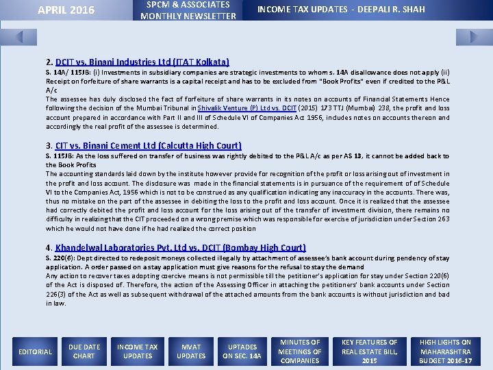 APRIL 2016 SPCM & ASSOCIATES MONTHLY NEWSLETTER INCOME TAX UPDATES - DEEPALI R. SHAH