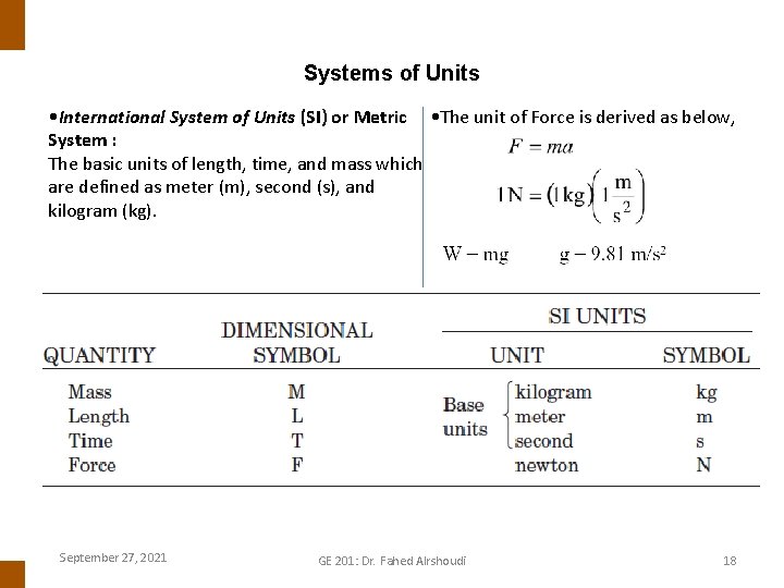 ENGINEERING MECHANICS : STATICS Systems of Units • International System of Units (SI) or