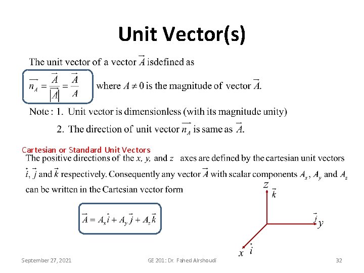 Unit Vector(s) Cartesian or Standard Unit Vectors September 27, 2021 GE 201: Dr. Fahed