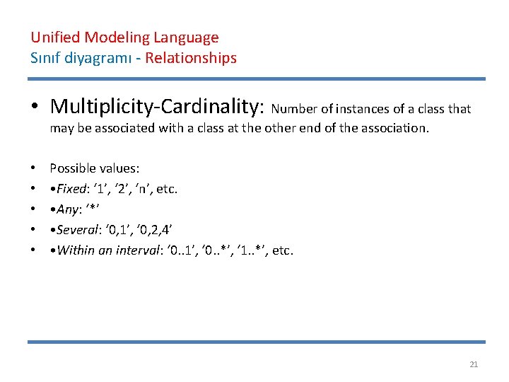 Unified Modeling Language Sınıf diyagramı - Relationships • Multiplicity-Cardinality: Number of instances of a