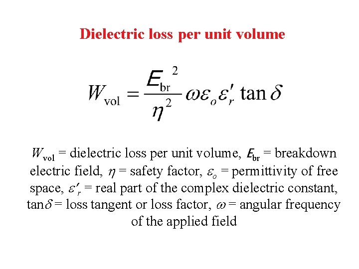 Dielectric loss per unit volume Wvol = dielectric loss per unit volume, Ebr =