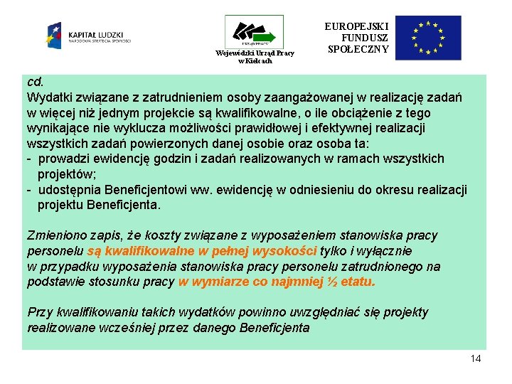 Wojewódzki Urząd Pracy w Kielcach EUROPEJSKI FUNDUSZ SPOŁECZNY cd. Wydatki związane z zatrudnieniem osoby