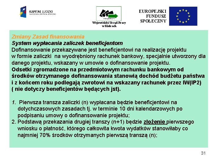 Wojewódzki Urząd Pracy w Kielcach EUROPEJSKI FUNDUSZ SPOŁECZNY Zmiany Zasad finansowania System wypłacania zaliczek