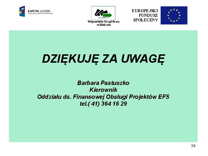 Wojewódzki Urząd Pracy w Kielcach EUROPEJSKI FUNDUSZ SPOŁECZNY DZIĘKUJĘ ZA UWAGĘ Barbara Pastuszko Kierownik