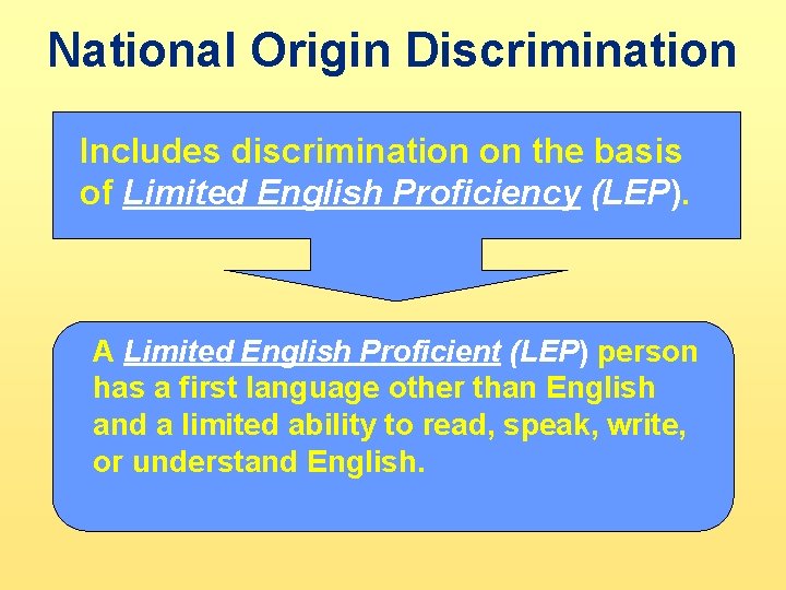 National Origin Discrimination Includes discrimination on the basis of Limited English Proficiency (LEP). A