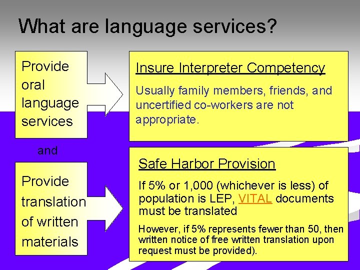 What are language services? Provide oral language services and Provide translation of written materials