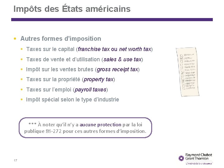 Impôts des États américains Autres formes d’imposition Taxes sur le capital (franchise tax ou