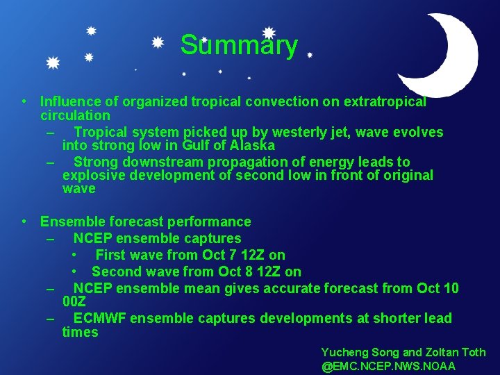 Summary • Influence of organized tropical convection on extratropical circulation – Tropical system picked