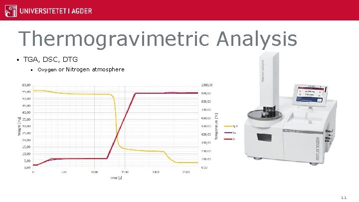 Thermogravimetric Analysis • TGA, DSC, DTG • Oxygen or Nitrogen atmosphere 11 