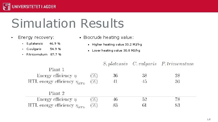 Simulation Results • Energy recovery: • S. platensis 46. 9 % • C. vulgaris