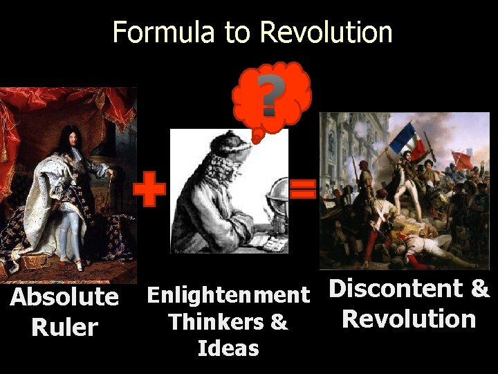 Formula to Revolution ? Absolute Ruler Enlightenment Discontent & Revolution Thinkers & Ideas 