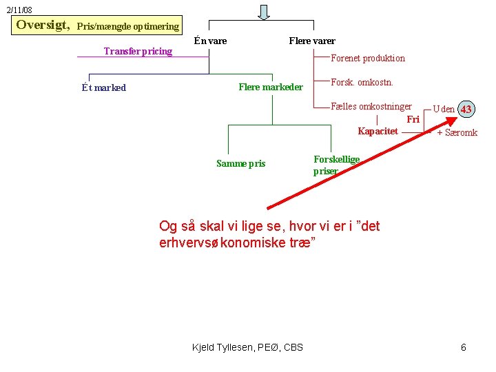 2/11/08 Oversigt, Pris/mængde optimering Transfer pricing Ét marked Én vare Flere varer Forenet produktion