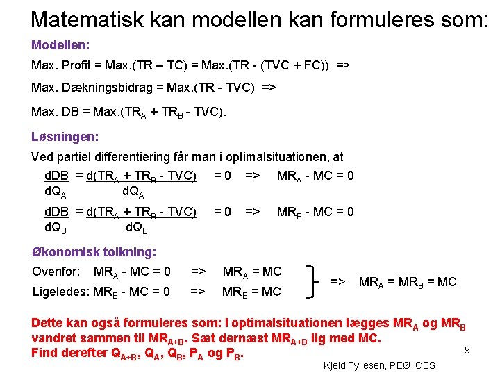 Matematisk kan modellen kan formuleres som: Modellen: Max. Profit = Max. (TR – TC)