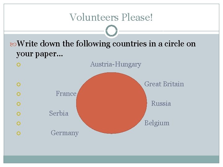 Volunteers Please! Write down the following countries in a circle on your paper. .