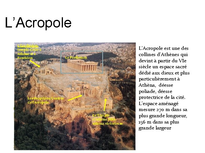 L’Acropole L’Erechteion, temple dédié à Athéna et à Poséidon Le Parthenon Les Propylées: l’entrée