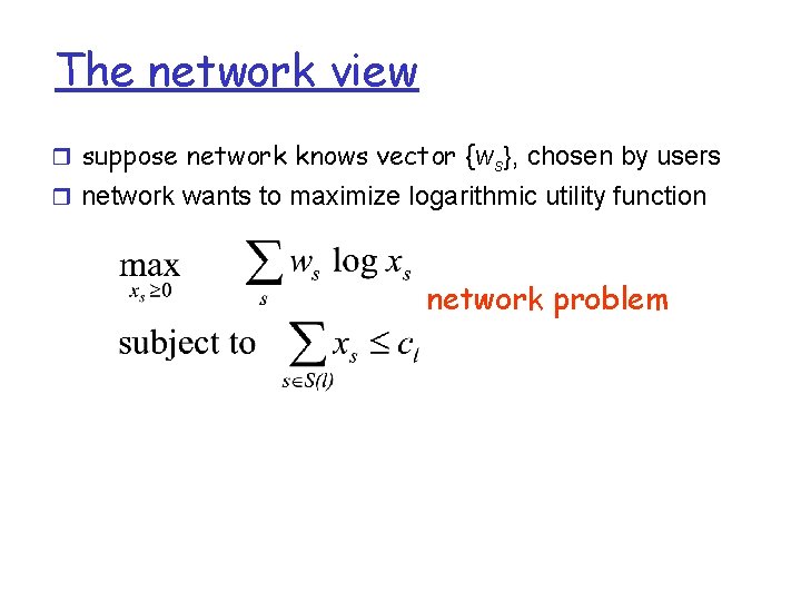 The network view suppose network knows vector {ws}, chosen by users network wants to