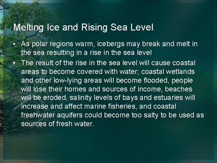 Melting Ice and Rising Sea Level • As polar regions warm, icebergs may break